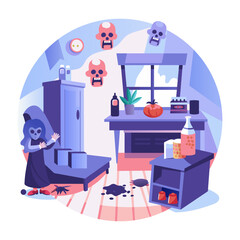 A flat illustration of spooky room with haunted child and skulls