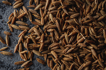 Closeup of Aromatic Cumin Seeds and Spices on a Rustic Background