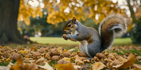 Esquilo coletando nozes em um ambiente florestal