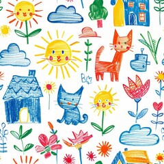 Fototapeta premium Colorful playful drawings of cats, flowers, houses, and suns on a white background for children's decor or creative projects