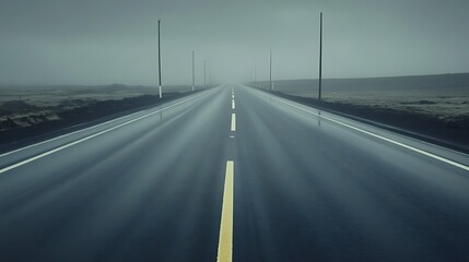 Fototapeta premium An empty, straight road disappears into the fog on a misty day.