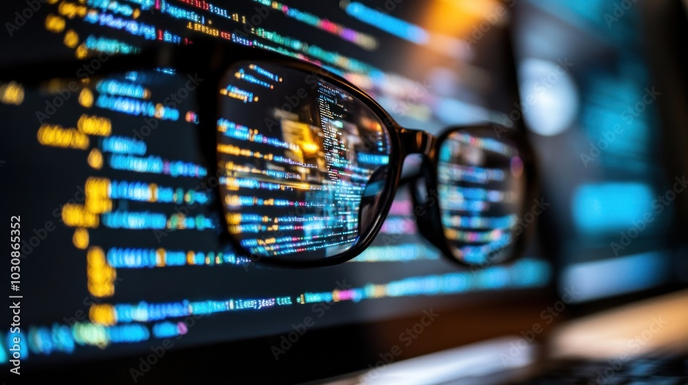 Poster Glasses Reflecting Lines of Code on a Computer Screen