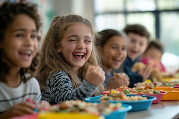 Children enjoying a joyful lunch together in a bright school cafeteria, sharing smiles and delicious food during lunchtime activities