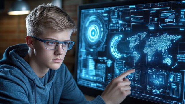 Young Man in Glasses Interacting with Futuristic Digital Interface