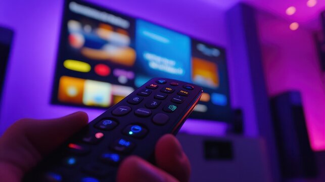 A hand holding a remote control in front of a smart TV with streaming services on the screen, in a close up shot.