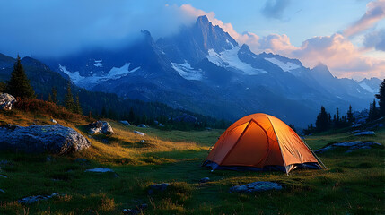 Serene campsite at dusk with mountains and glowing tent.
