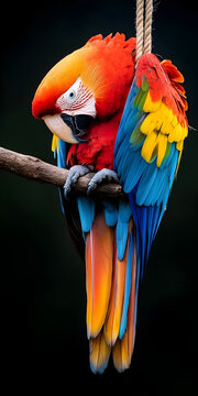 Papagaio vibrante pendurado em um galho tropical