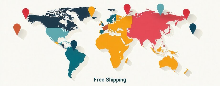 Colorful world map graphic with shipping markers and free shipping text.