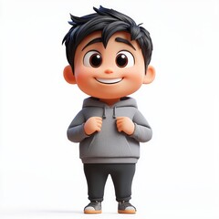 A cheerful animated boy in a gray hoodie stands confidently with a bright smile against a plain background