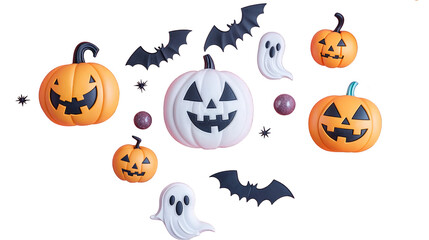 Halloween set with jack-o-lantern pumpkins, bats, and ghost characters, isolated on transparent background
