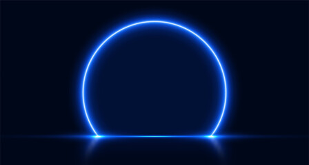 Neon arch, blue glowing portal, futuristic circle stage, magic gate background. Vector illustration.