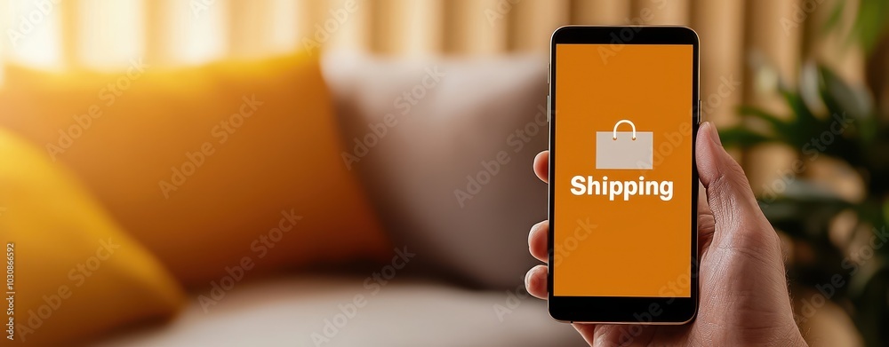 Wall mural hand holding smartphone displaying shipping app on bright background.