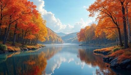 Fototapeta premium Serene Autumn Lake with Vibrant Fall Foliage Reflections