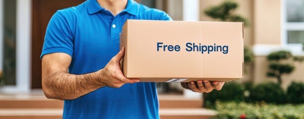 Man holding a cardboard box with 'Free Shipping' label, outdoor setting.