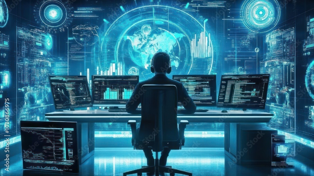 Aufkleber Silhouetted Hacker Monitoring Global Data Streams