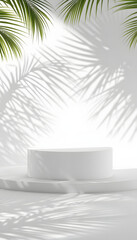 White podiums and palm leaf shadow background isolated with white highlights, png