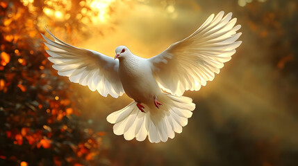 Obraz premium A white dove in flight, illuminated by warm sunlight.
