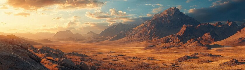 Naklejka premium Stunning desert landscape with mountains under a vibrant sky and dramatic clouds.