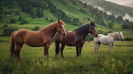 Fototapeta premium A photograph of natural scene of several horses the overall background of green landscape and mountains
