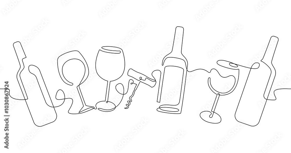 Wall mural seamless pattern with bottles and glasses of wine and corkscrew isolated on white background. vector