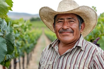 Portrait of a smiling man in a straw hat in a vineyard