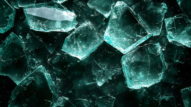 Shards of translucent green glass scattered on a dark surface.