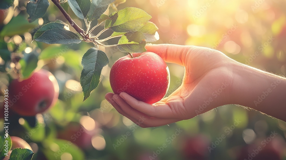 Poster a hand reaches for a bright red apple hanging from a tree branch, surrounded by green leaves and oth