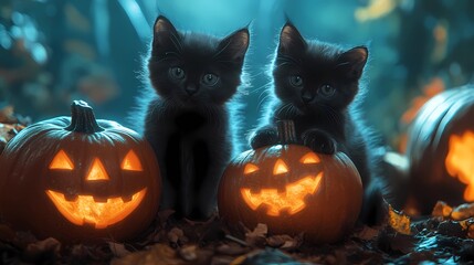 Kittens and cats wearing witch hats on Halloween