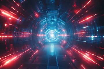 Neon Glowing Corridor with Circular Lights and Red and Blue Contrast