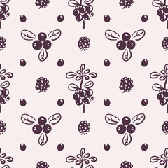 Seamless pattern of autumn berries on beige background. Hand-drawn black line art. Cozy fall season. Fruit harvest and organic food concept. Vector autumn design for textile, wallpaper, wrapping paper