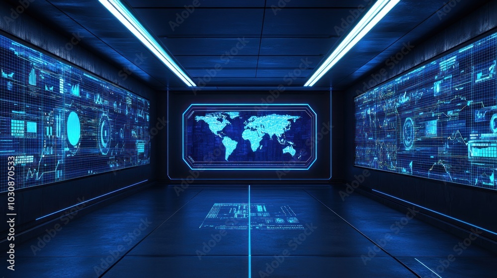 Aufkleber Futuristic Control Room with World Map Display and Data Screens