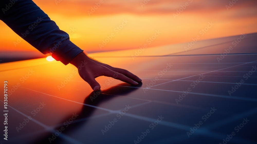 Wall mural close-up of a man's hand touching a solar panel in a beautiful sunset.