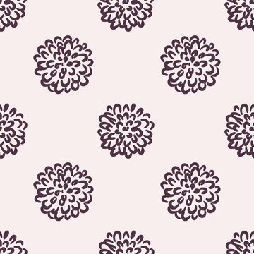 Seamless pattern of chrysanthemum flowers on a beige background. Hand-drawn black line art. Cozy fall season. Floral decoration. Botanical vector design for textile, wallpaper, wrapping paper.