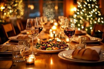 A festive dinner table setting with two glasses of wine, a salad, bread, and candles.  The warm lighting and the out-of-focus Christmas tree in the background creates a cozy atmosphere.
