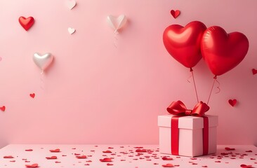 A Valentine's Day greeting card with gift and red balloons in a shape of heart on pink background with copy space.