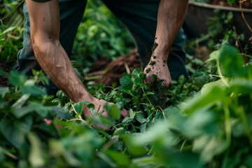 Fototapeta premium Hands tending lush garden with green foliage