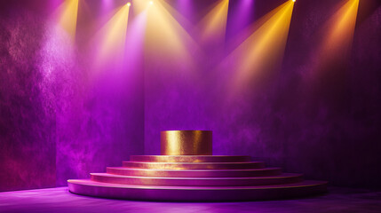 Purple and Gold Stage with Spotlights and Fog for Product Display