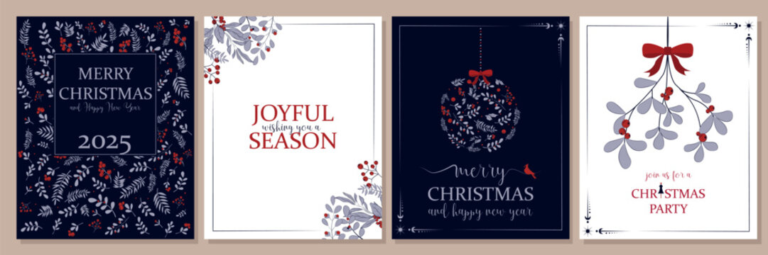 Holidays cards with Christmas Tree, birds, Christmas ornament, floral background, ornate frames and copy space. Universal modern artistic templates.	
Dark background