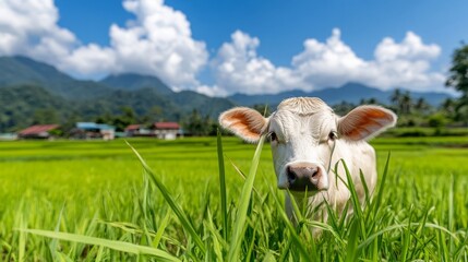 Fototapeta premium A young white cow with brown ears peeks through tall blades of green grass, with a backdrop of lush, green rice paddies, mountains, and a blue sky dotted with fluffy clouds.