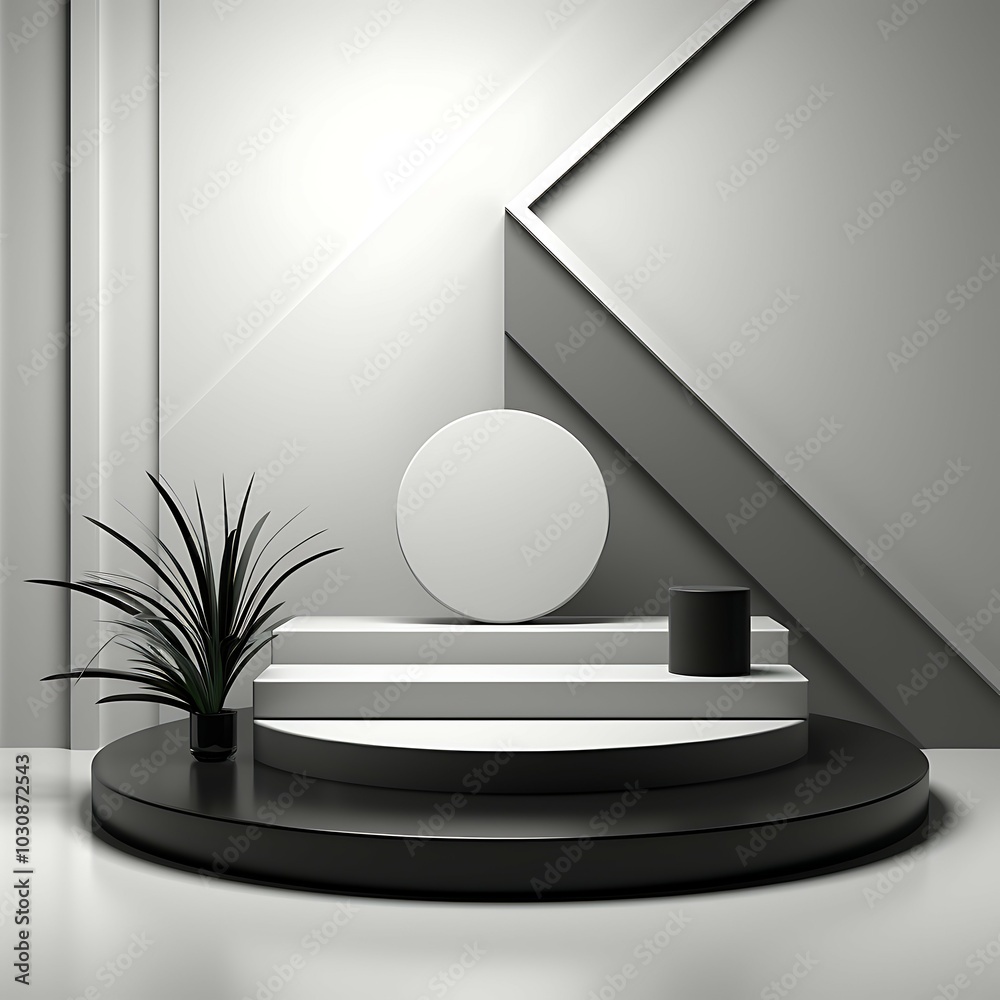 Poster minimalist abstract background with podiums and plant. 3d render