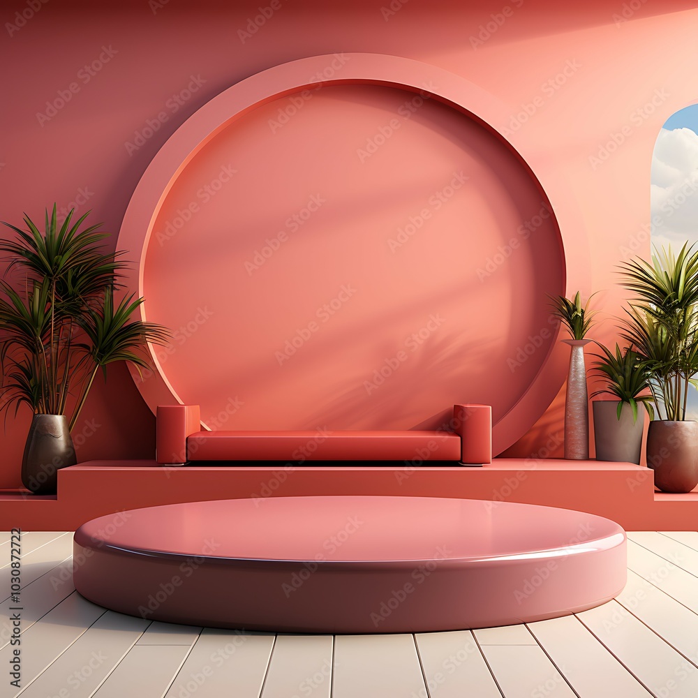Poster 3d render, abstract minimal scene with pink podium and palm leaves shadow