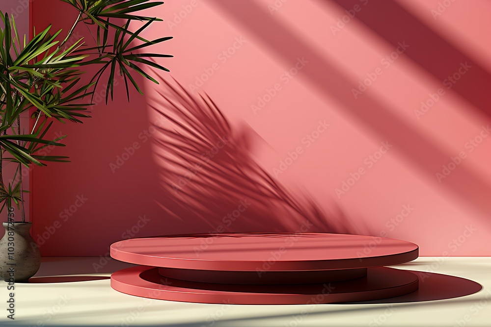 Poster 3d render, abstract minimal scene with pink podium and palm leaves shadow