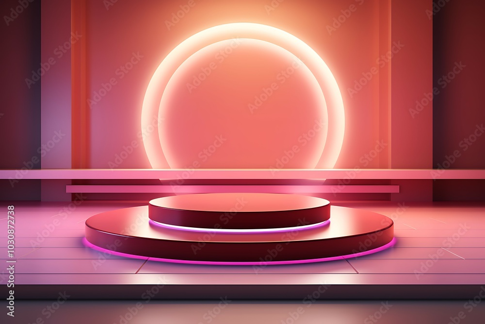 Poster abstract round podium illuminated by neon lights. 3d render illustration