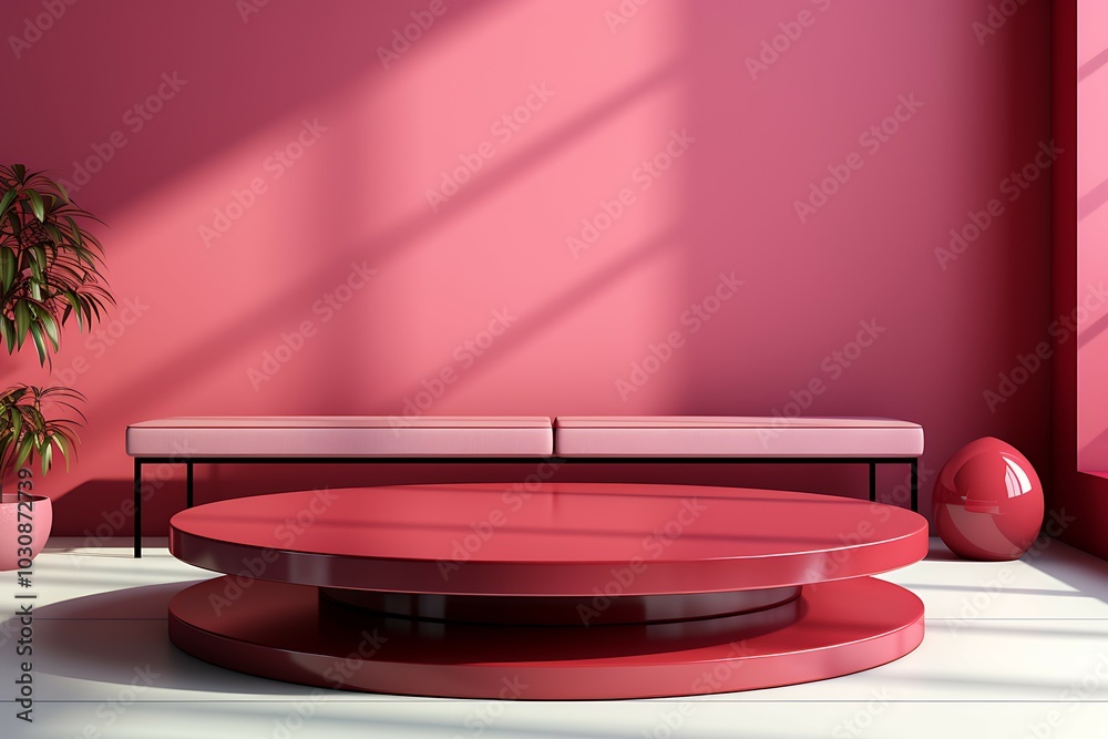 Poster 3d render, abstract minimal scene with pink podium and palm leaves shadow