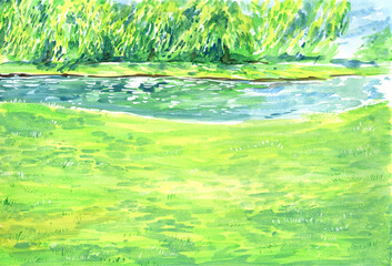 View by the pond, watercolor painting hand-drawn illustration