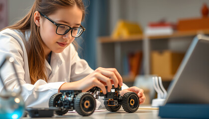 Naklejka premium Female Teenage Pupil Building Robot Car In Science Lesson isolated with white highlights, png