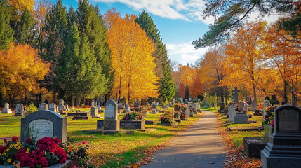 Naklejka premium Autumn Cemetery Path with Headstones and Colorful Trees