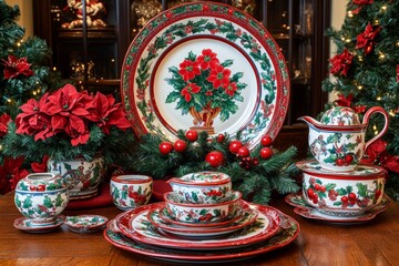 Obraz premium A festive table setting with a beautiful floral pattern and Christmas colors.
