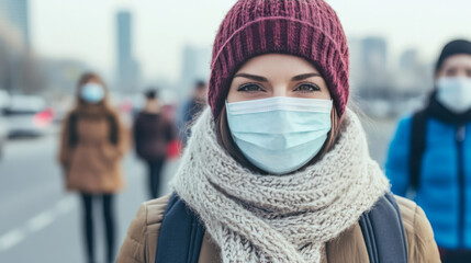 Young woman in a face mask and knit hat looking at the camera.