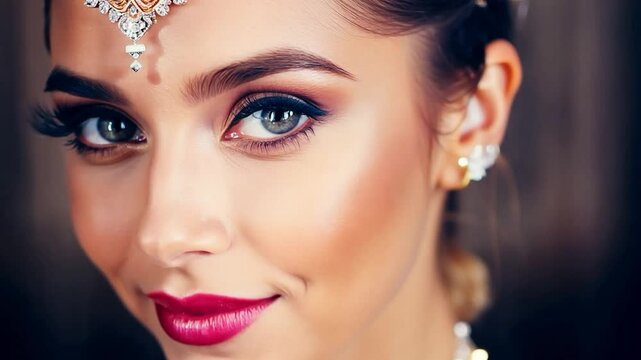 A close-up of a young woman with the smile and jewelry of a princess.